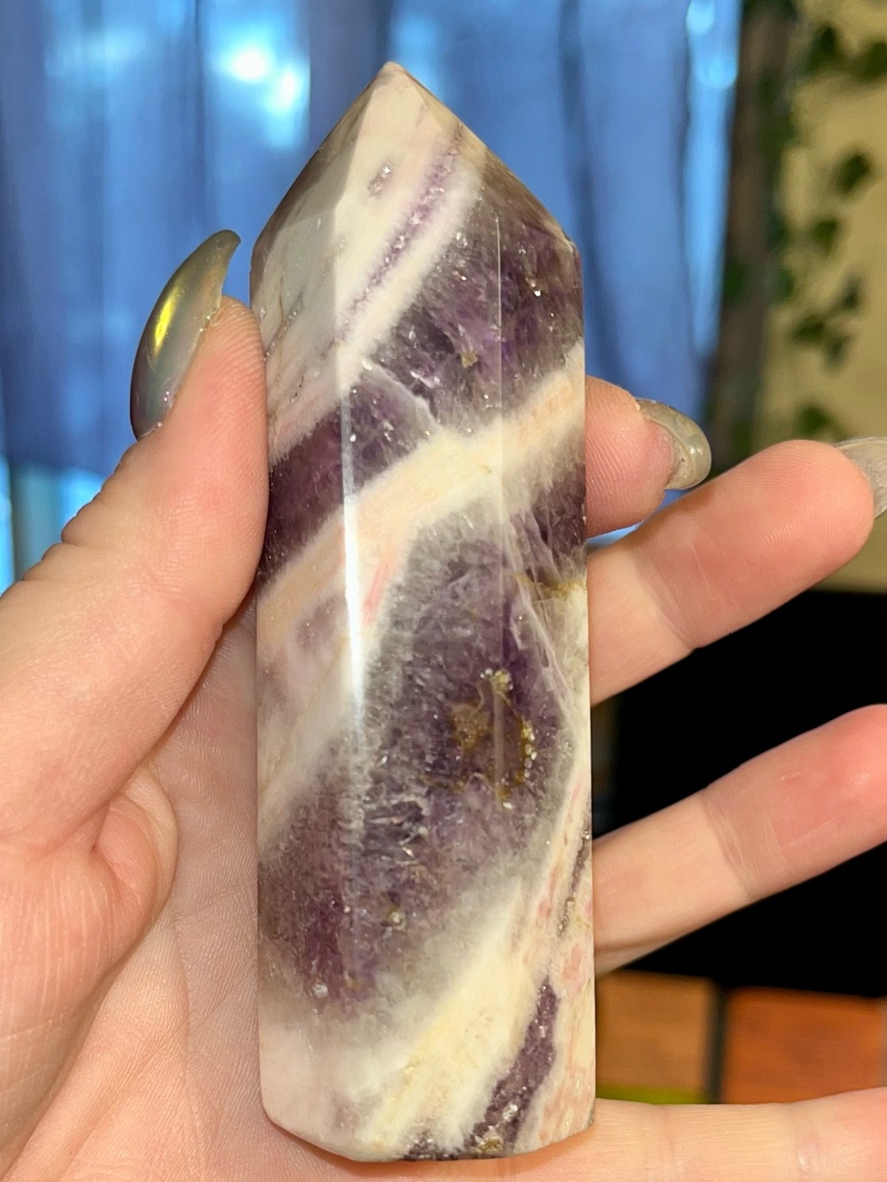 Chevron Amethyst Point Tower - Purple White and pink Crystal